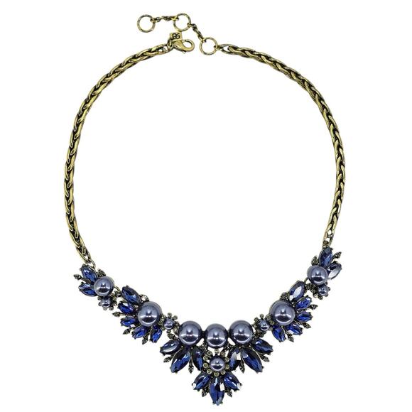 Banana Republic Wimsigoth Statement Necklace Brass Tone Navy Blue Rhinestones - Picture 2 of 9